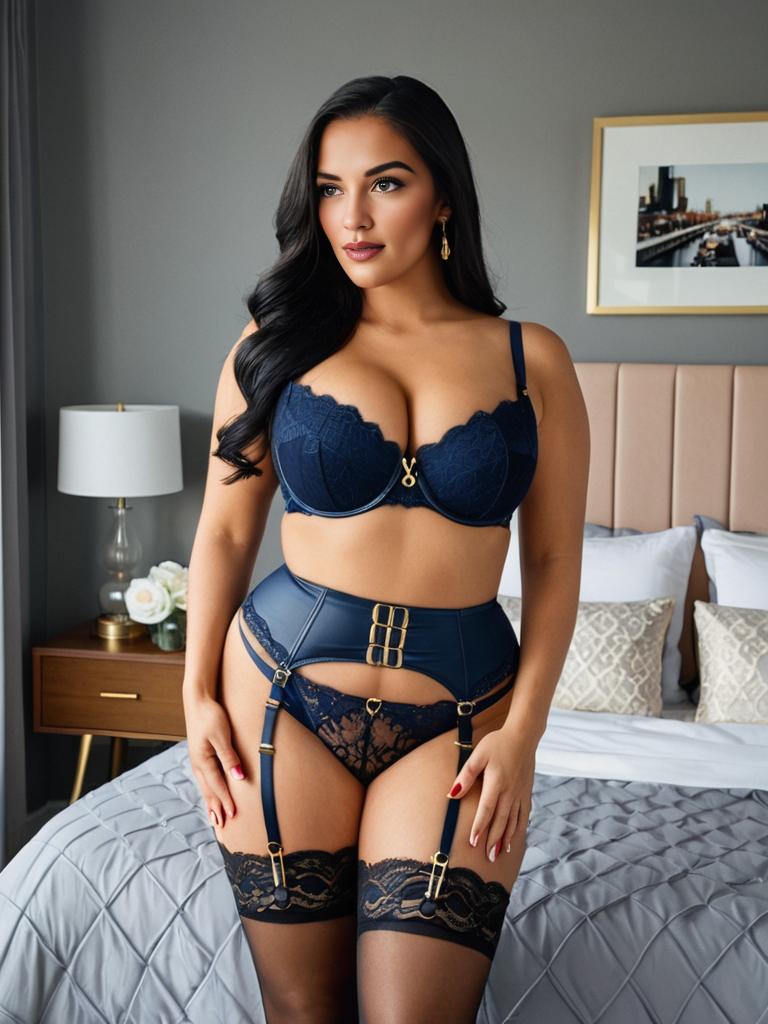 Busty Brunette in Navy Blue Lace Lingerie and Black Stockings