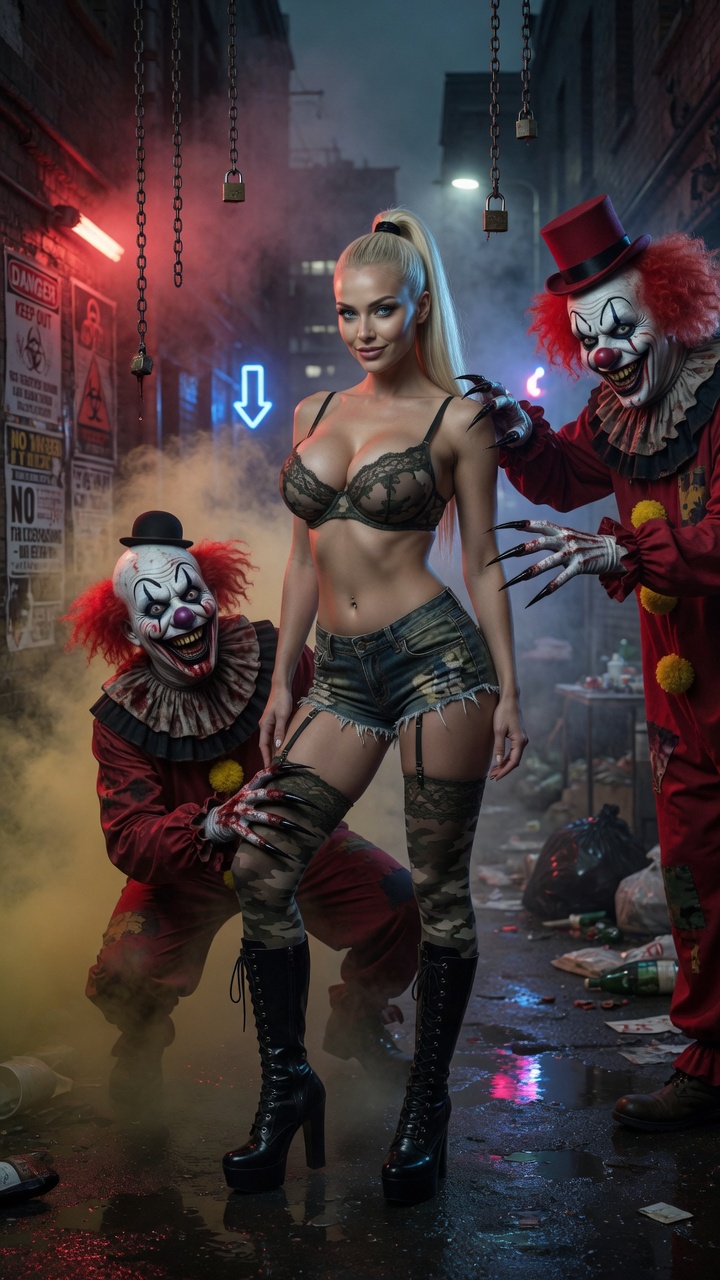 Blonde Beauty Surrounded by Clowns
