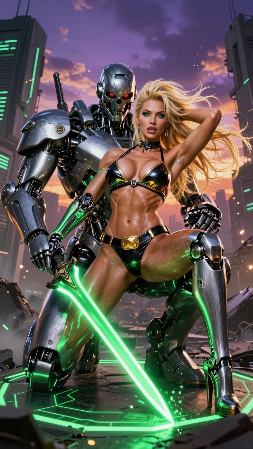 Seductive Blonde Cyborg and Neon Robot Guardian
