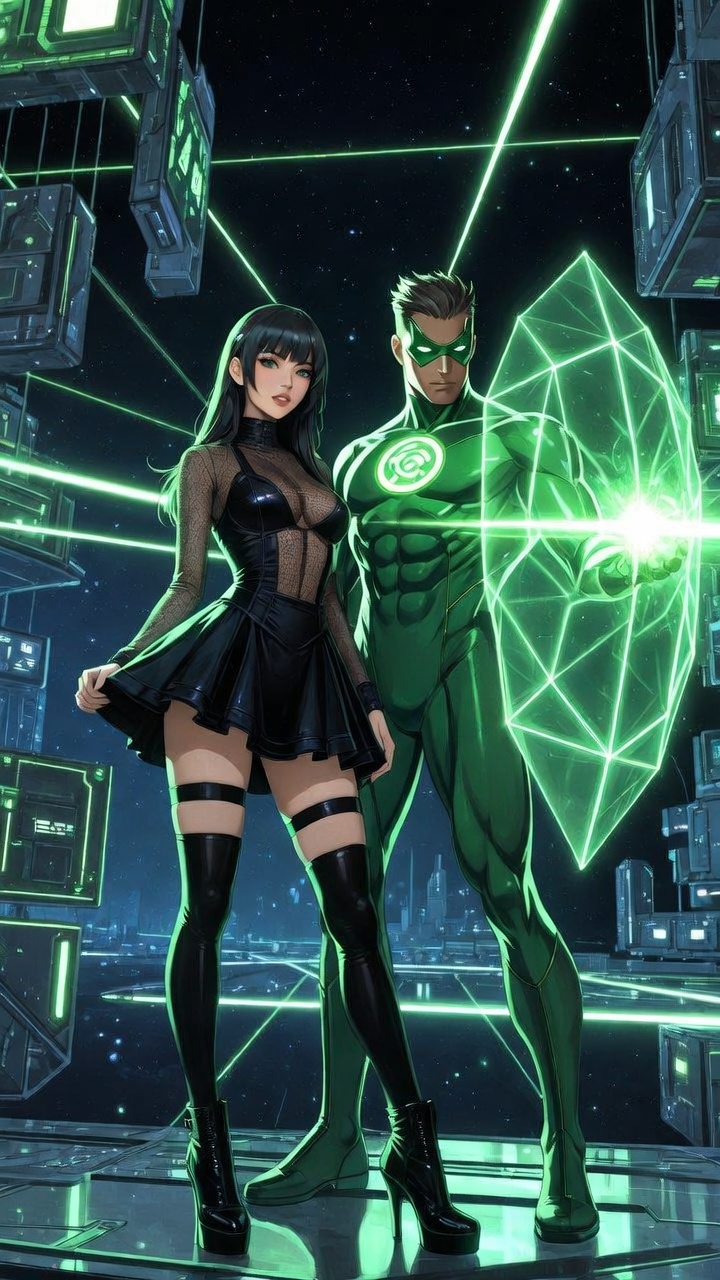 Neon Guardian and Seductive Muse in Sci-Fi Realm