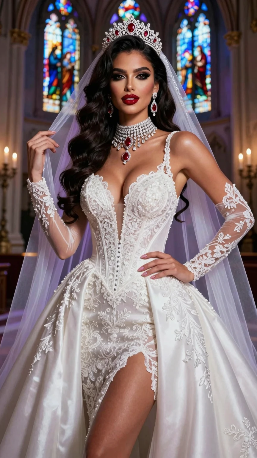 Royal Bride in Plunging Cathedral Wedding Gown