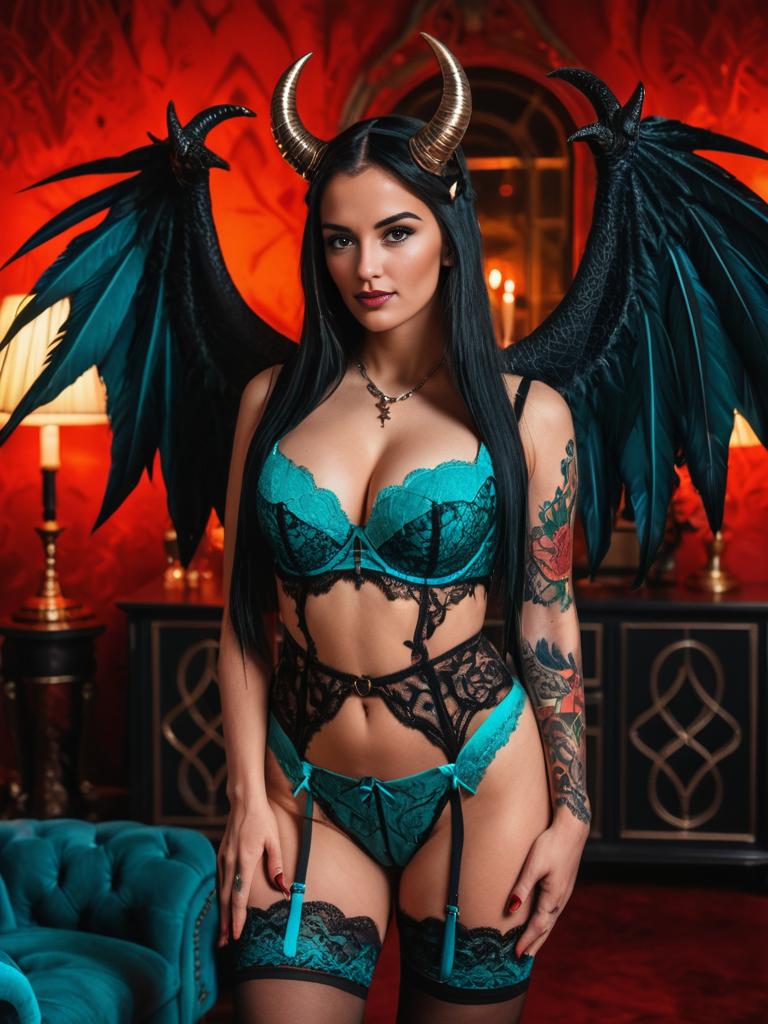 Dark Angel Fantasy in Teal Lingerie Gothic Chamber