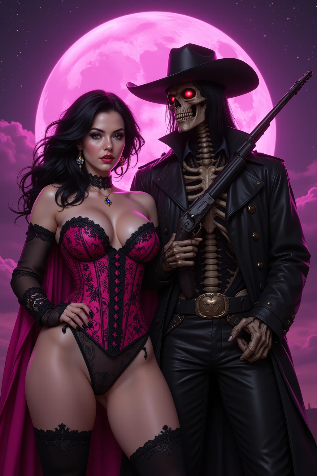 Gothic Vampire Queen and Undead Gunslinger Pink Moon Series