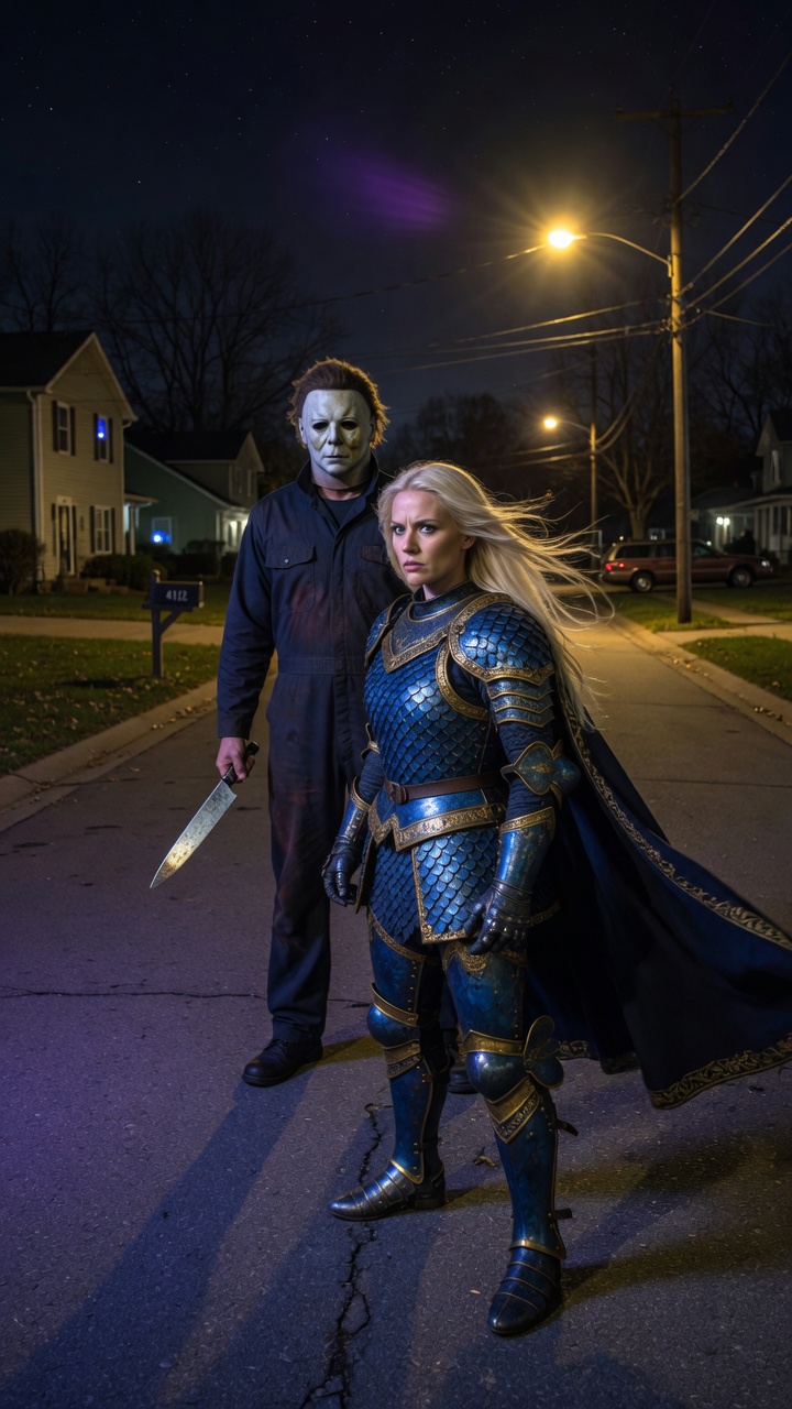 Blonde Knight Confronts Michael Myers in Suburbia