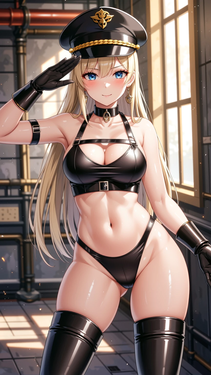 Dominant Latex Officer in Industrial Light Scene