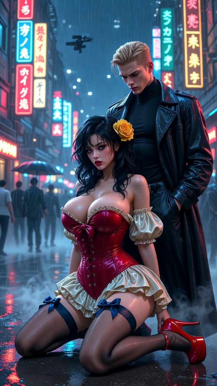 Neon Rain Seduction – Corset & Trenchcoat