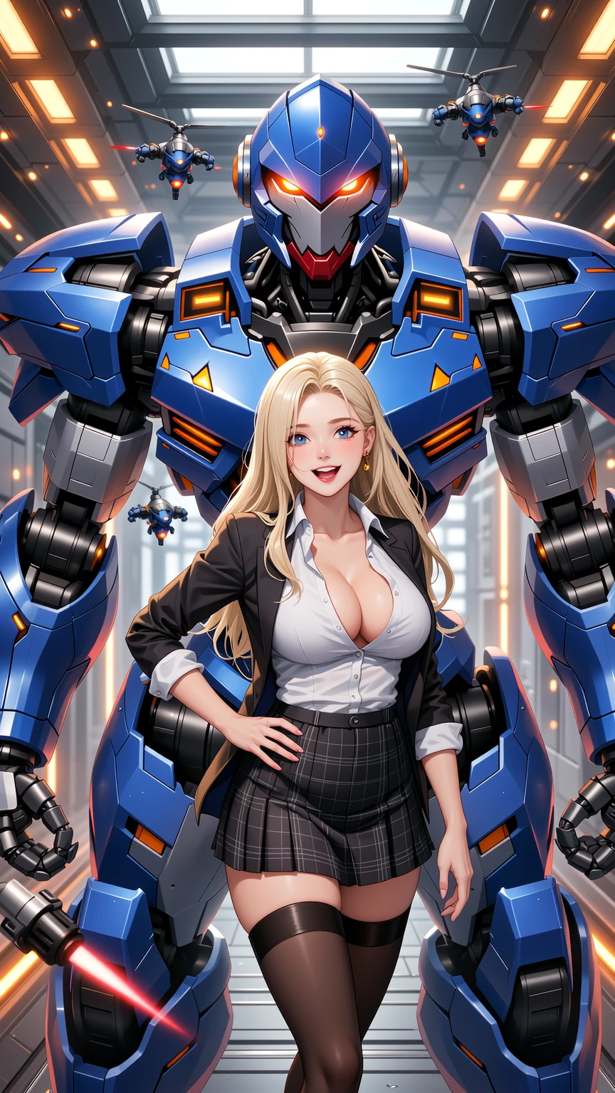 Blonde in Checkered Mini Skirt with Giant Robot