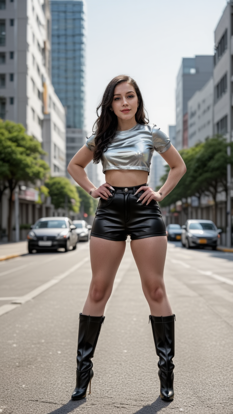 Urban Rebel Chic: Silver Top, Leather Shorts Street Style