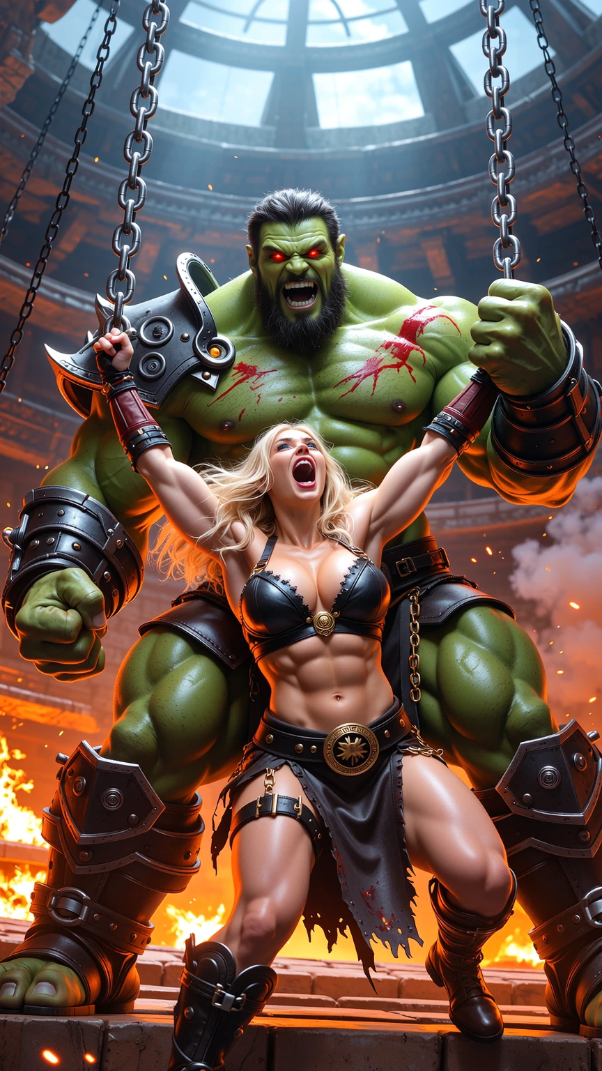 Massive Orc Crushes Blonde Warrior in Fiery Arena