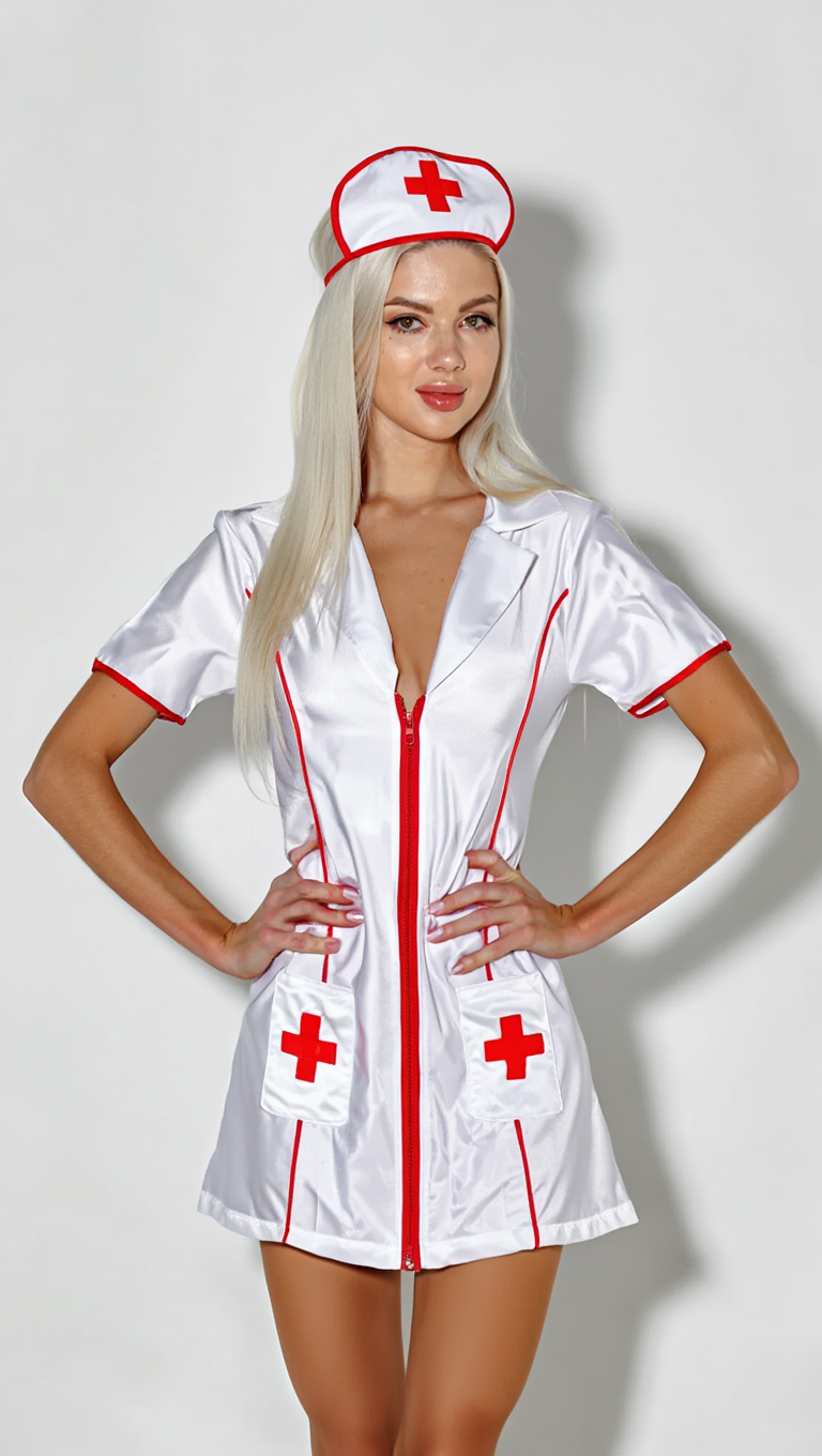 Playful Nurse Fantasy in Classic White and Red Outfit