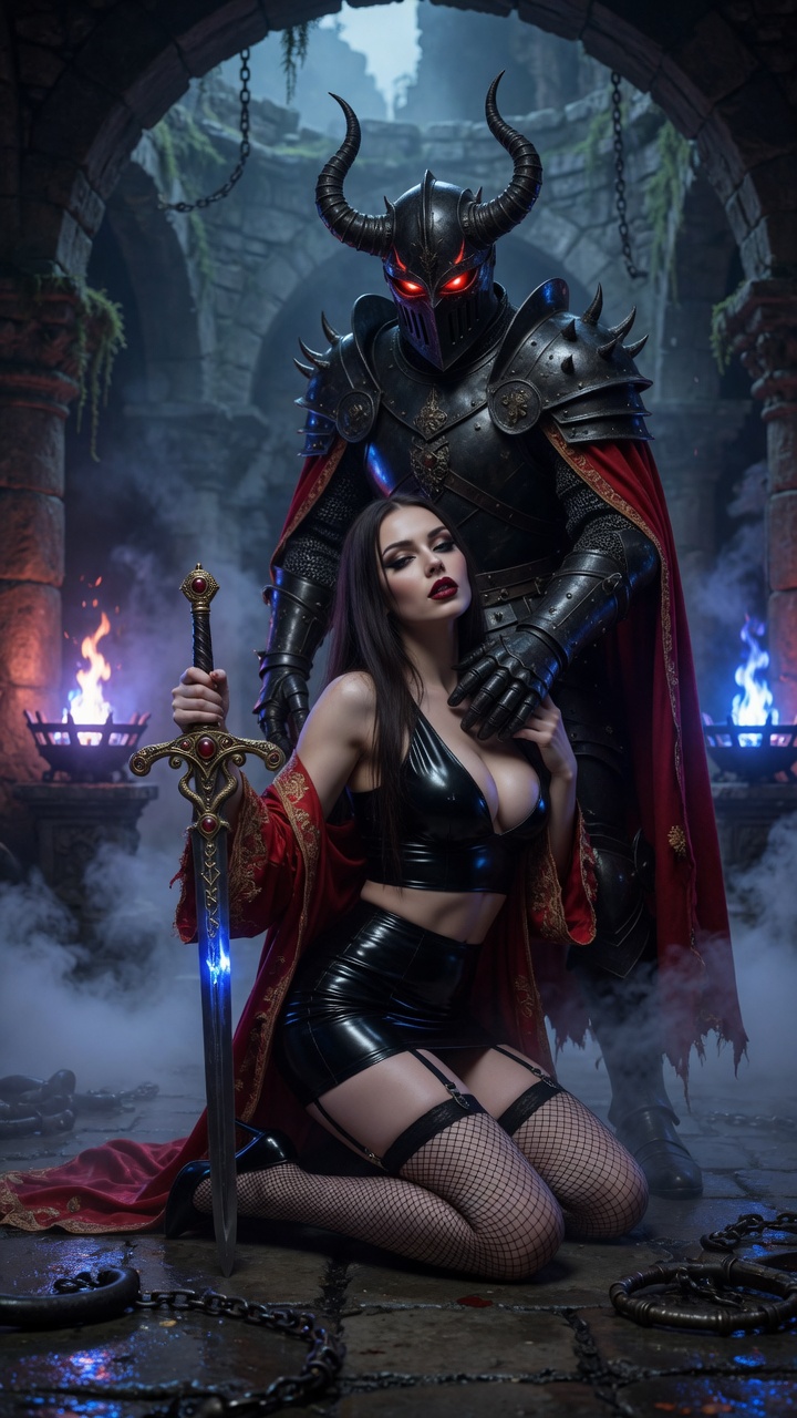 Kneeling Beauty with Horned Dark Knight