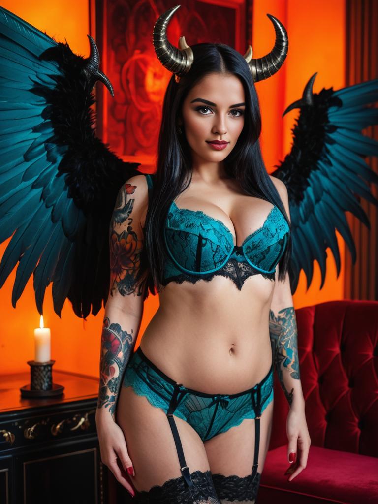 Dark Angel Fantasy in Teal Lingerie Gothic Chamber