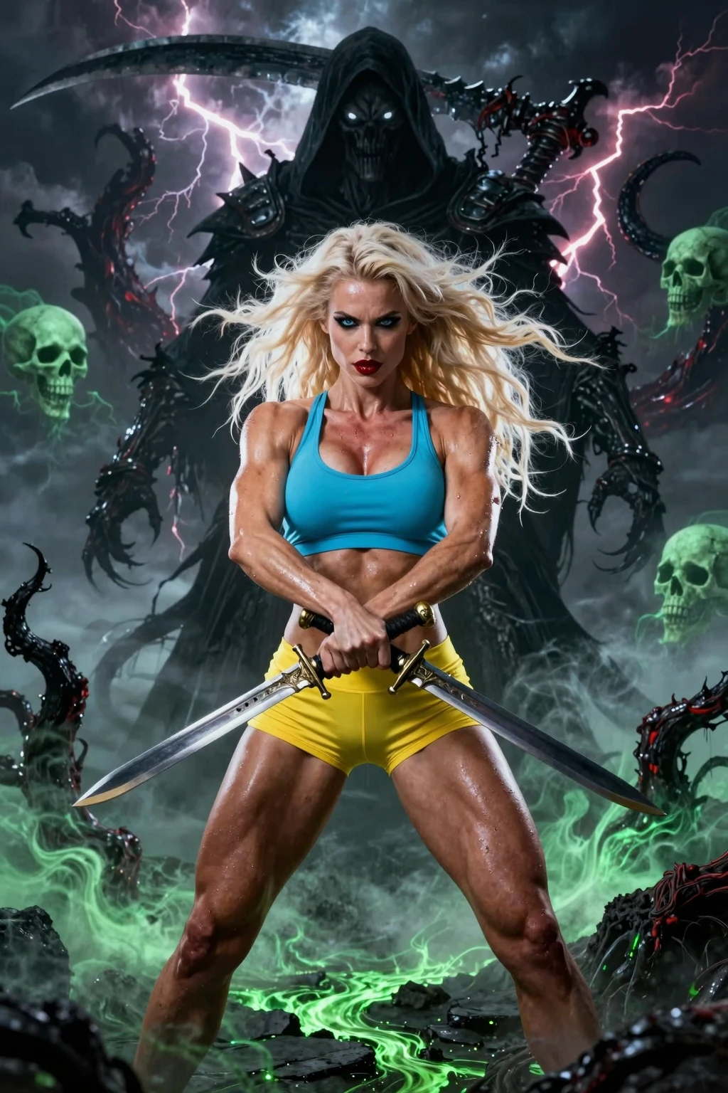 Blonde Warrior Facing Shadow Reaper in Hellscape