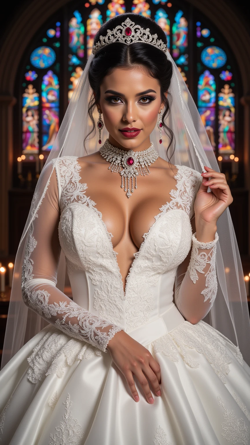 Royal Bride in Plunging Cathedral Wedding Gown