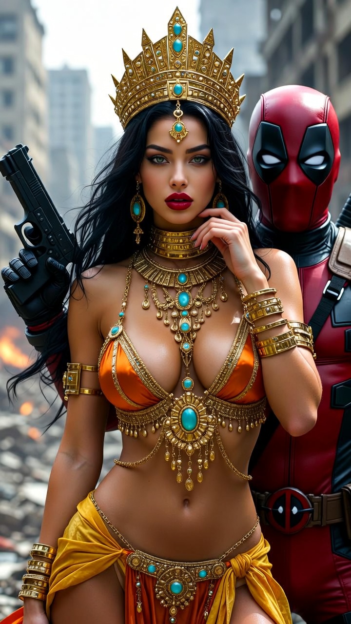 Exotic Golden Queen Posing with Deadpool in Ruins