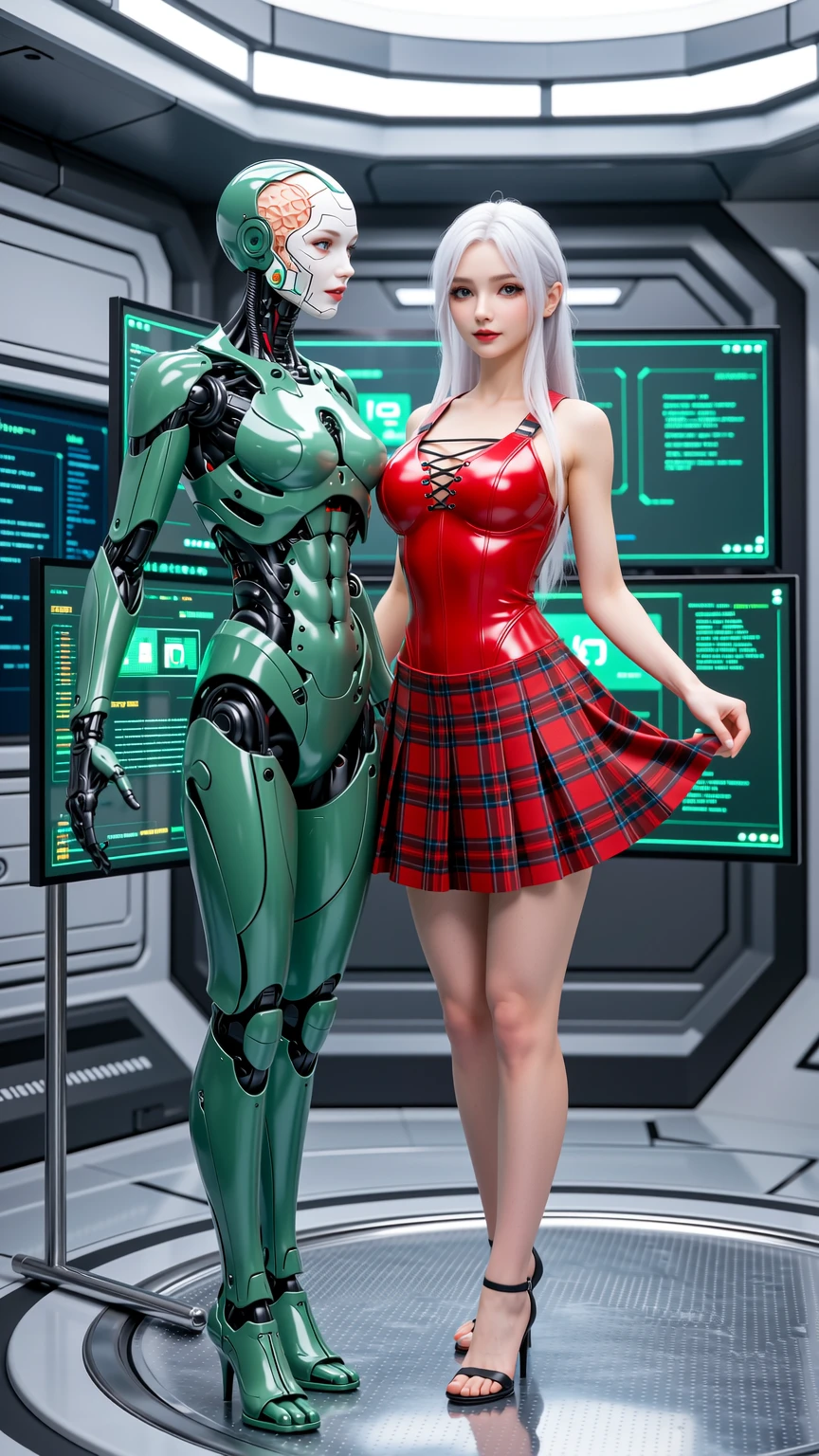 Futuristic AI Encounter in Neon Sci-Fi Laboratory