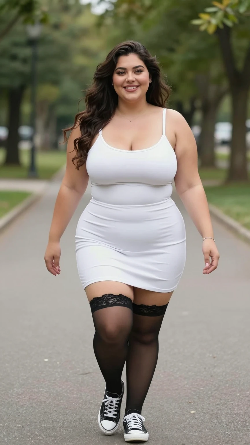 Curvy Brunette in Tight White Mini Dress