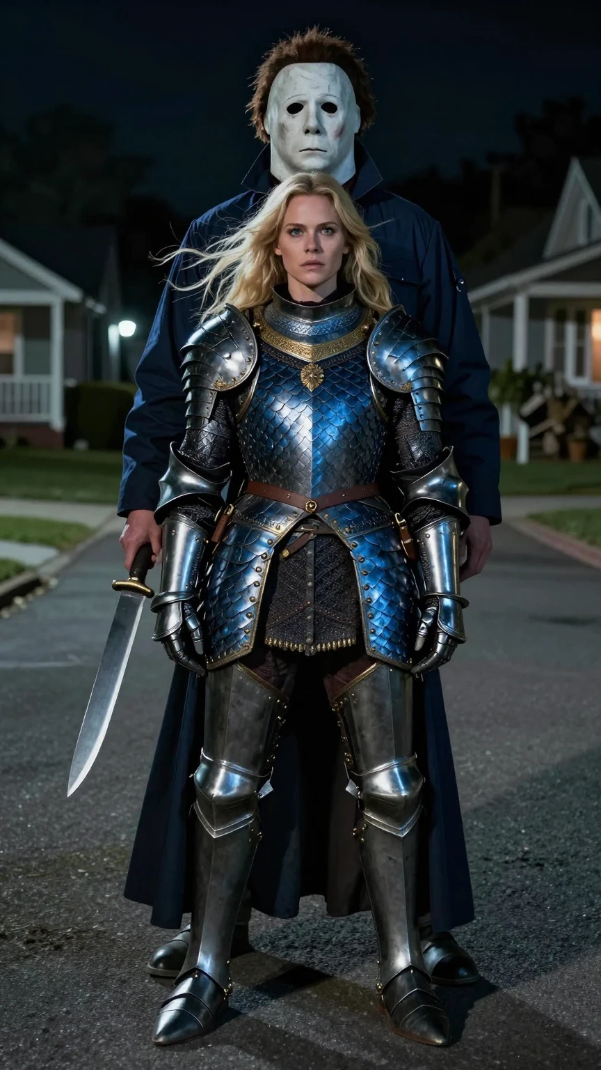 Blonde Knight Confronts Michael Myers in Suburbia