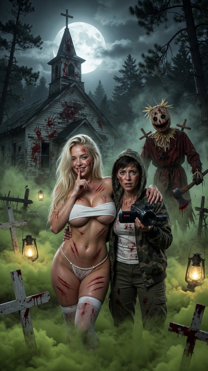 Blonde Horror Babe and Camerawoman in Fog