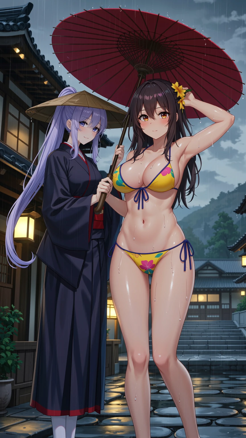 Bikini Beauty in Japanese Rain with Umbrella