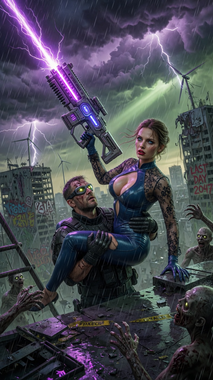 Blue Bodysuit Heroine Fights Zombies with Energy Gun