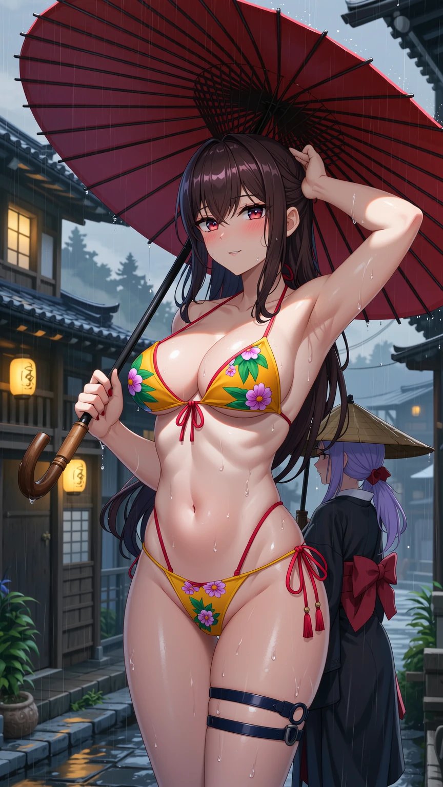 Bikini Beauty in Japanese Rain with Umbrella