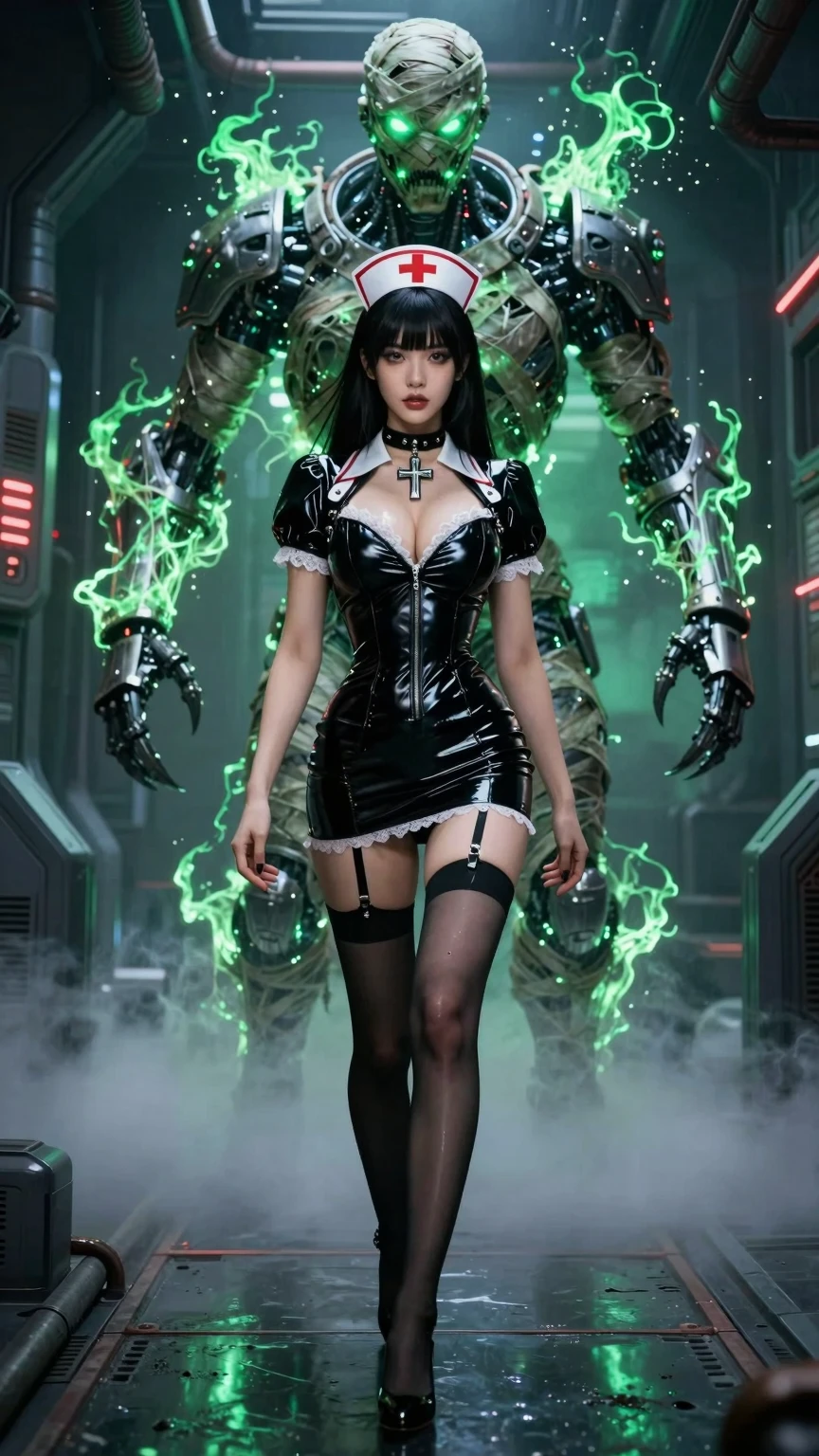 Latex Nurse and Glowing Cyber Mummy Guardian