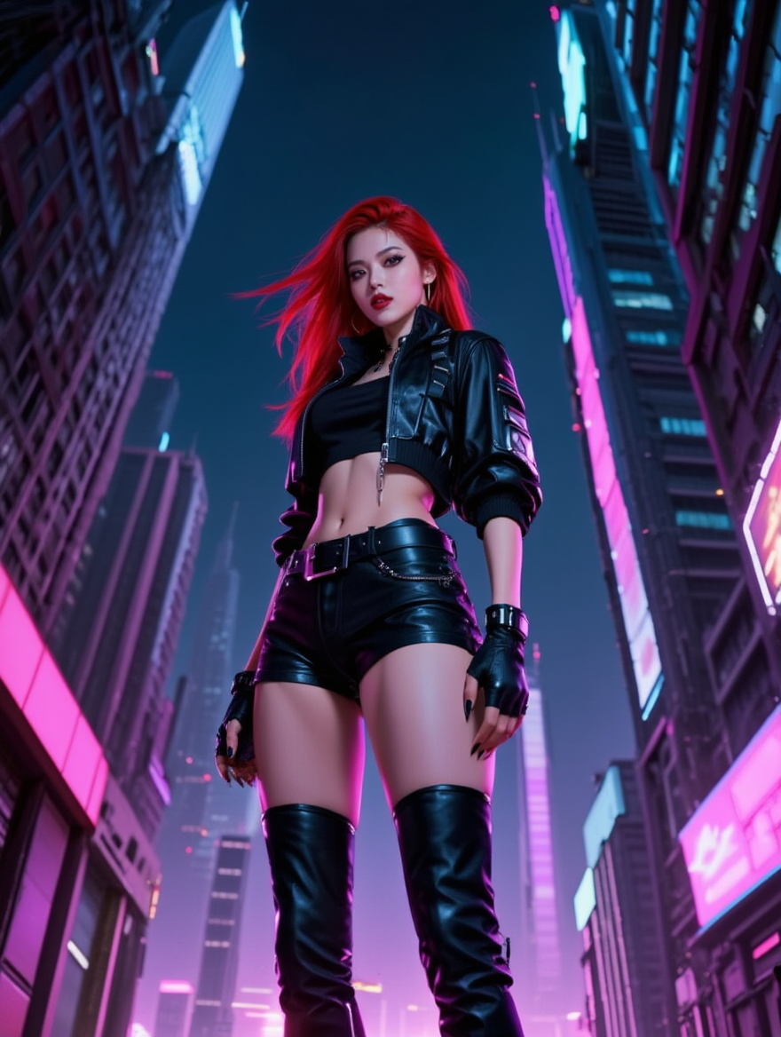Neon Cyberpunk Femme Fatale in Futuristic City Nights