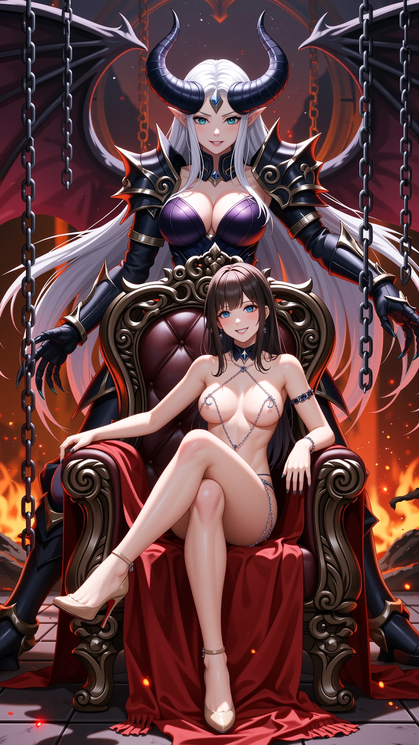 Nude Brunette and Demonic Hell Queen Guardian
