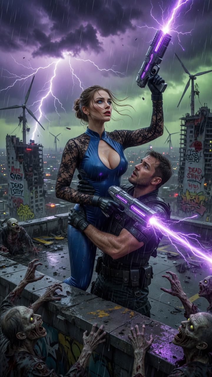 Blue Bodysuit Heroine Fights Zombies with Energy Gun