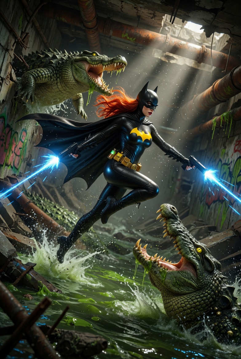 Redhead Batgirl vs Giant Sewer Crocodiles