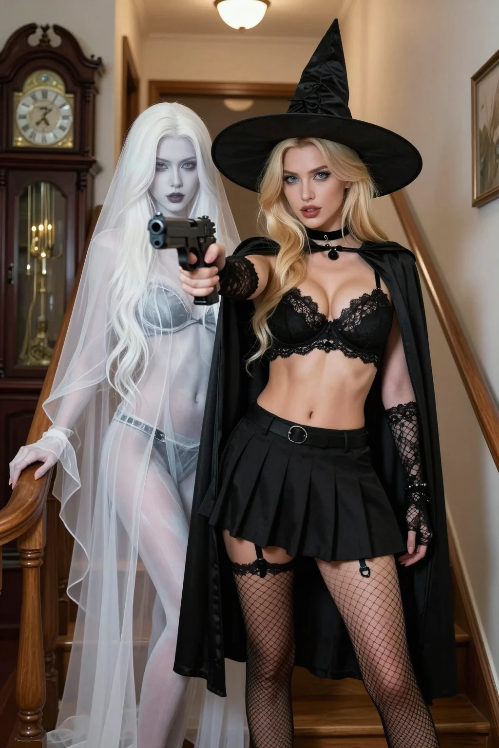 Blonde Witch with Guns and Ghostly Companion