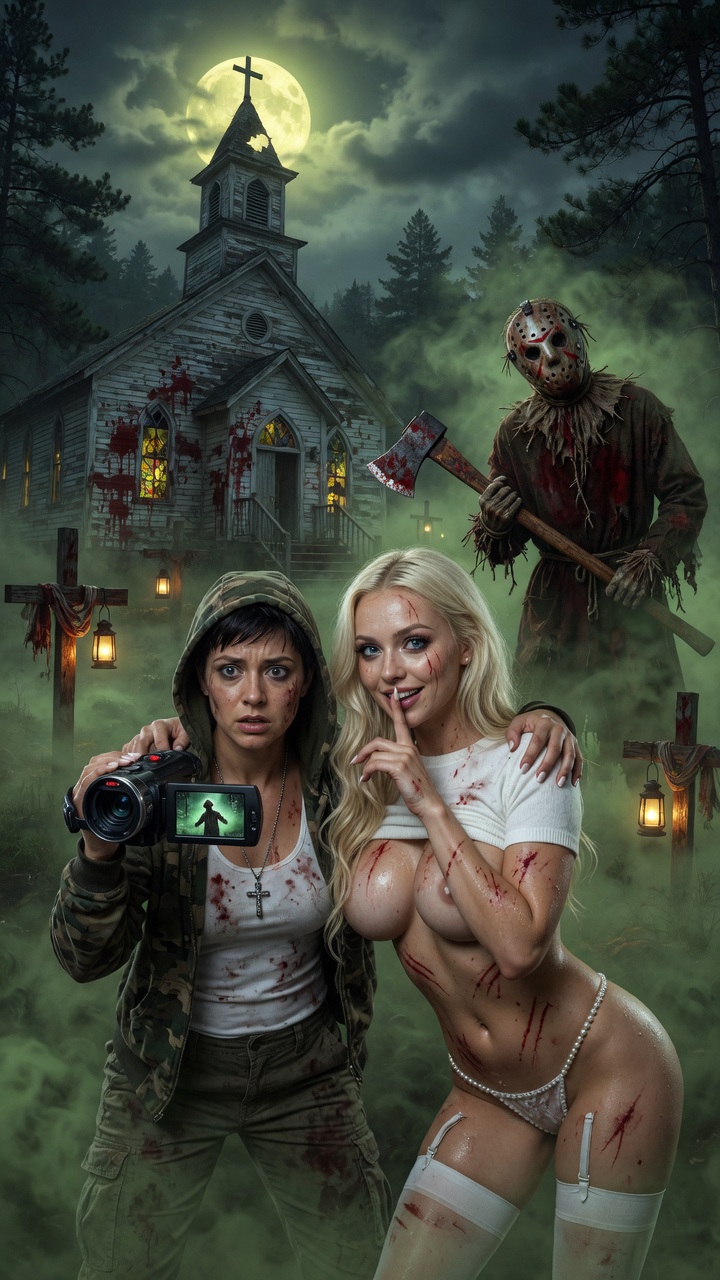 Blonde Horror Babe and Camerawoman in Fog