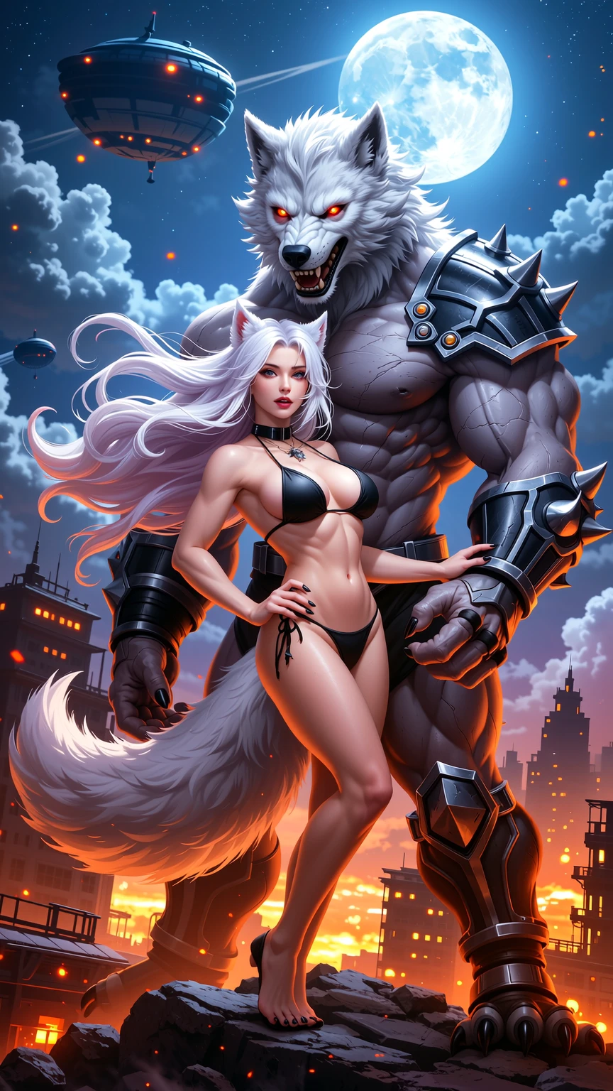 Moonlit Wolf Girl and Stone Beast Apocalypse
