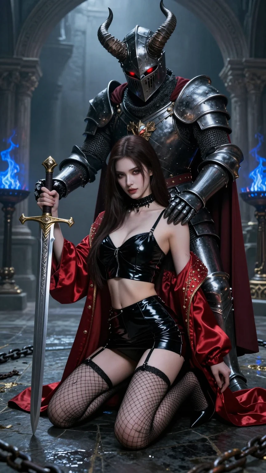 Kneeling Beauty with Horned Dark Knight