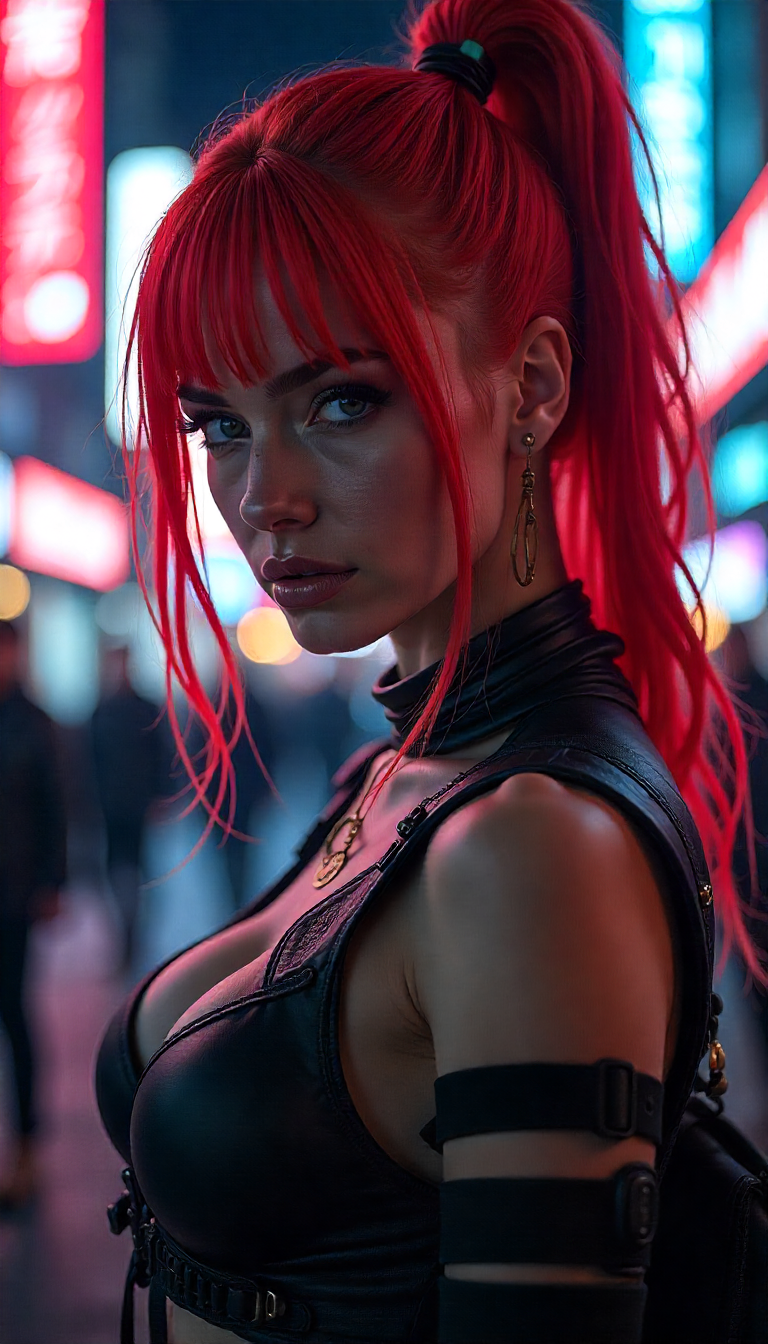 Neon Cyberpunk Street Warrior in Rain-Soaked City