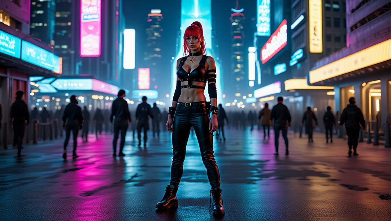 Neon Cyberpunk Street Warrior in Rain-Soaked City