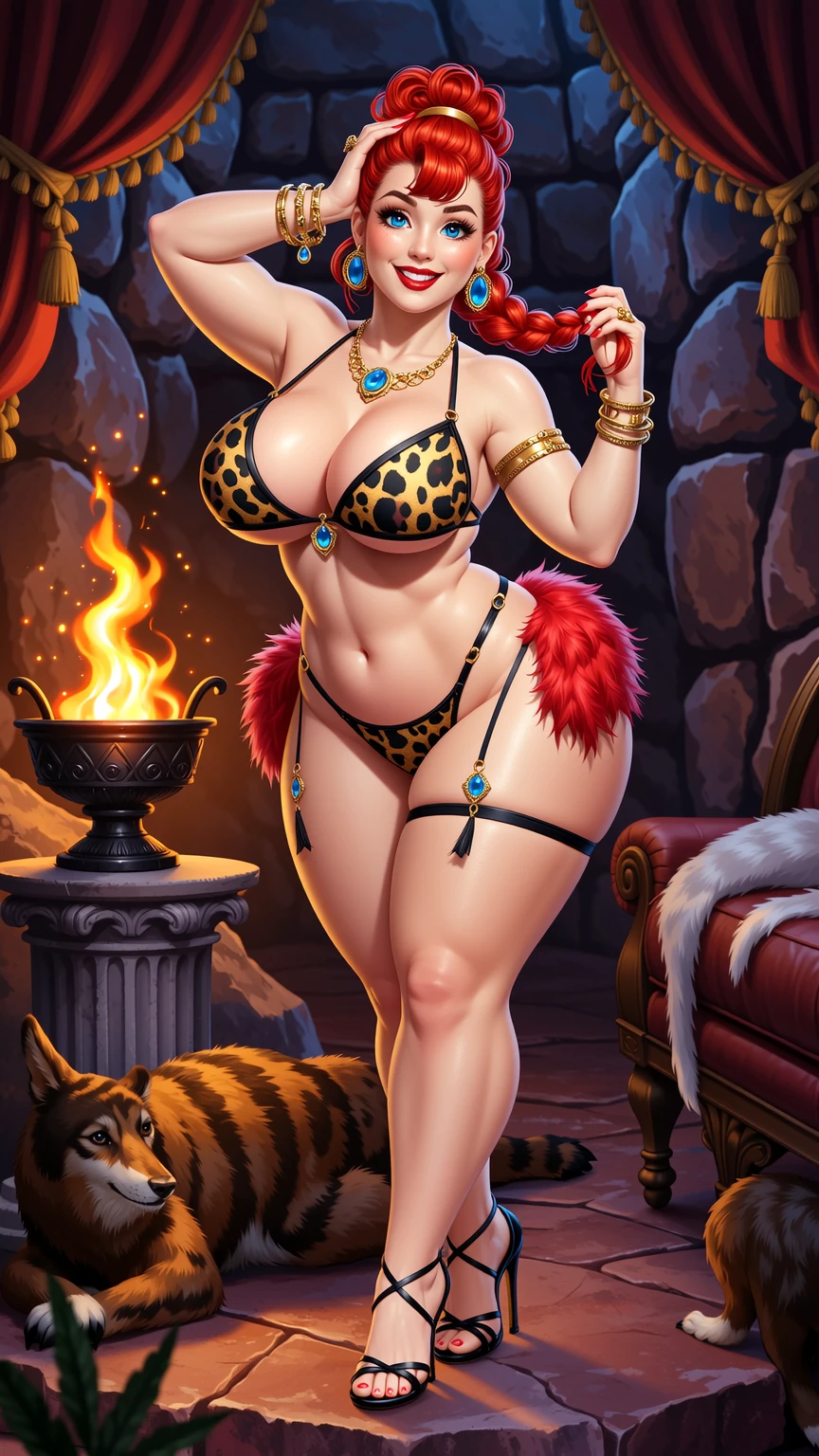 Voluptuous Redhead in Leopard Bikini Cave