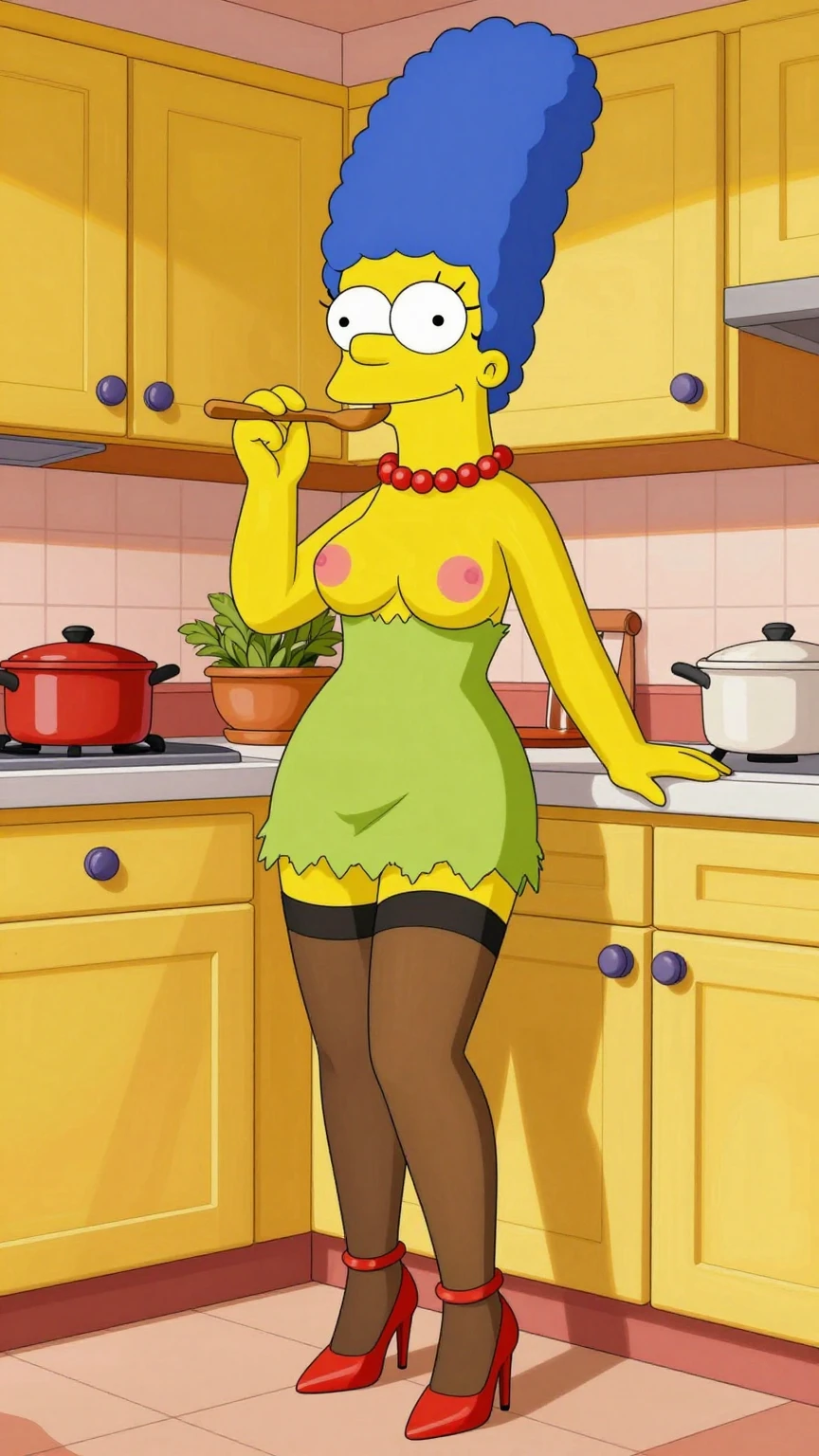 Seductive Marge Simpson in Torn Green Dress and Stockings
