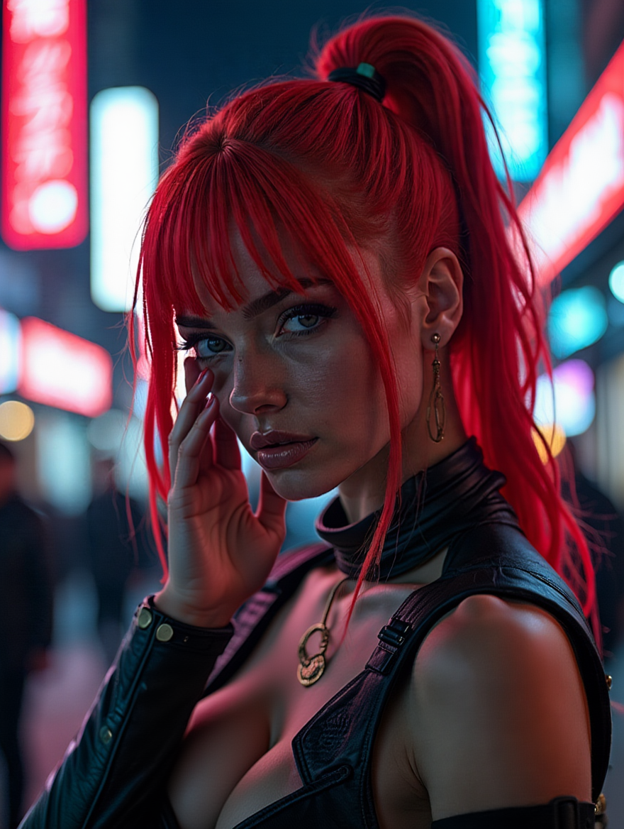 Neon Cyberpunk Street Warrior in Rain-Soaked City