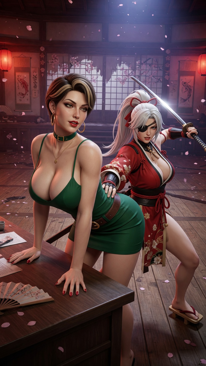 Voluptuous Brunette and Fierce Samurai Warrior