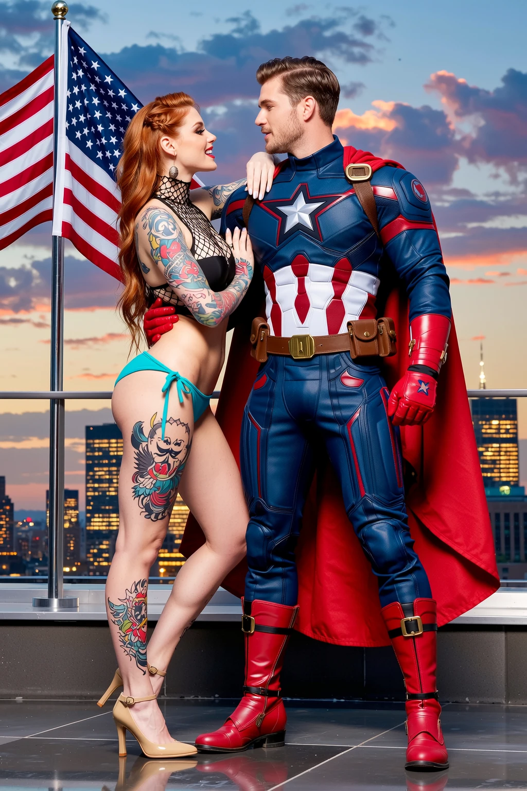 Redhead and Captain America Rooftop Duo
