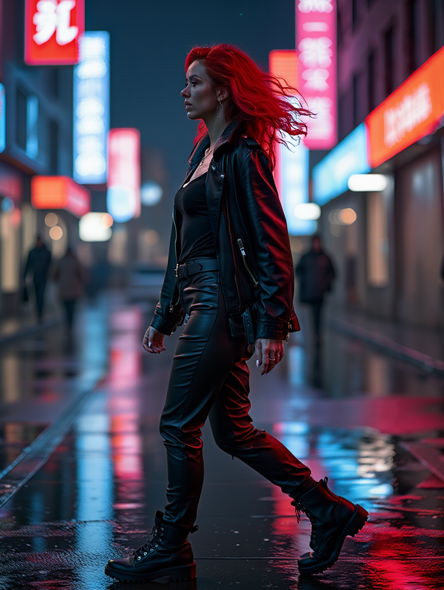 Neon Night Street Portraits with Red-Haired Cyberpunk Mood
