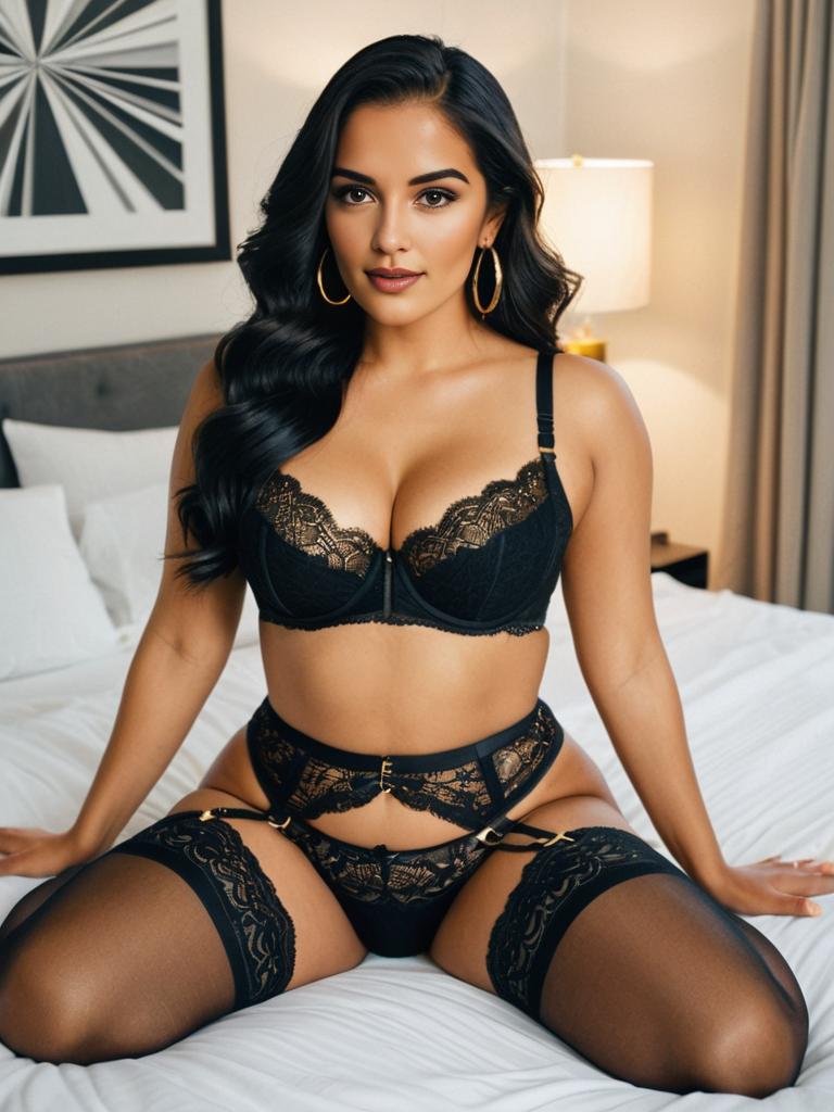 Luxury Black Lingerie Glamour in Hotel Bedroom