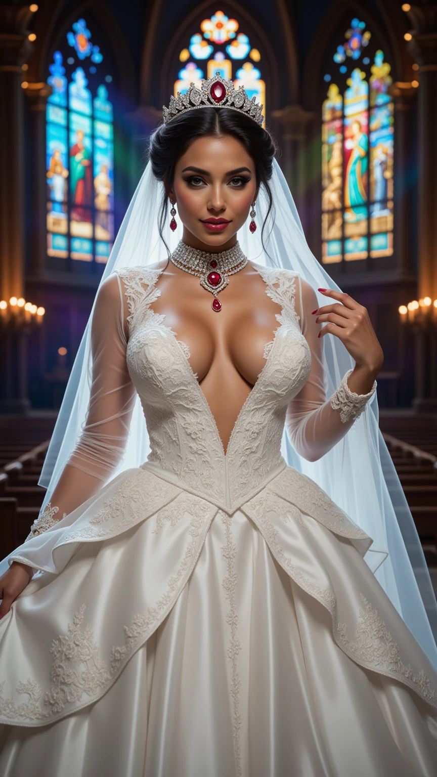 Royal Bride in Plunging Cathedral Wedding Gown