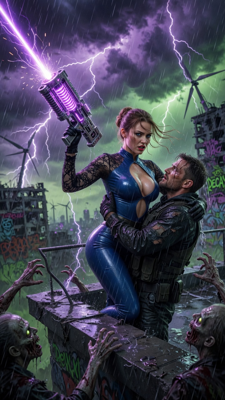 Blue Bodysuit Heroine Fights Zombies with Energy Gun