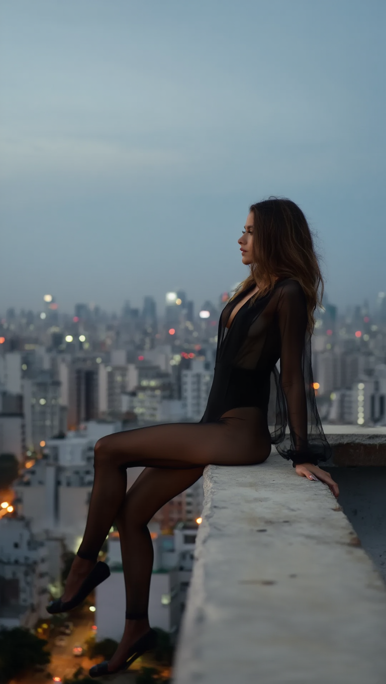 Midnight Confidence: Sheer Black Bodysuit on City Streets