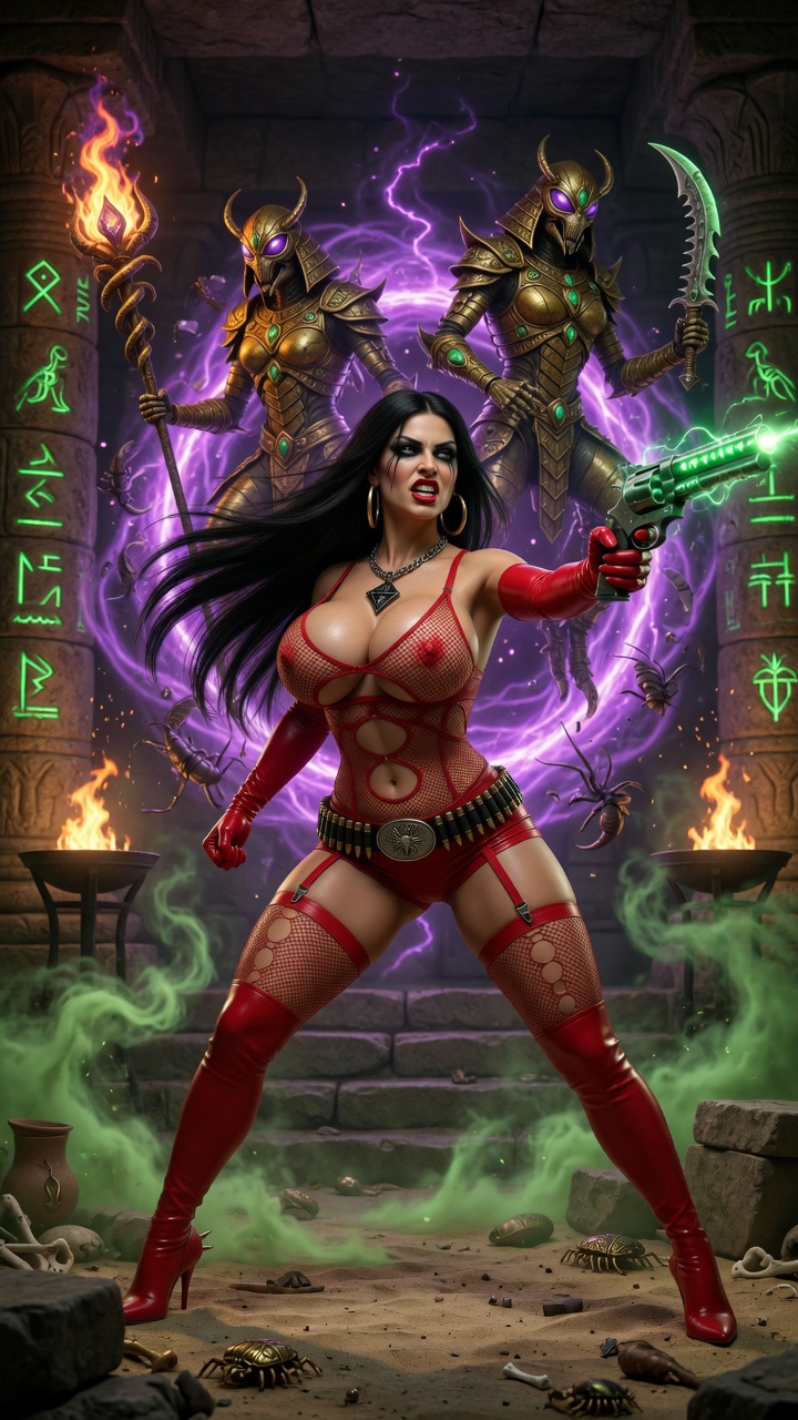 Red Fishnet Warrior Aiming Revolver in Temple