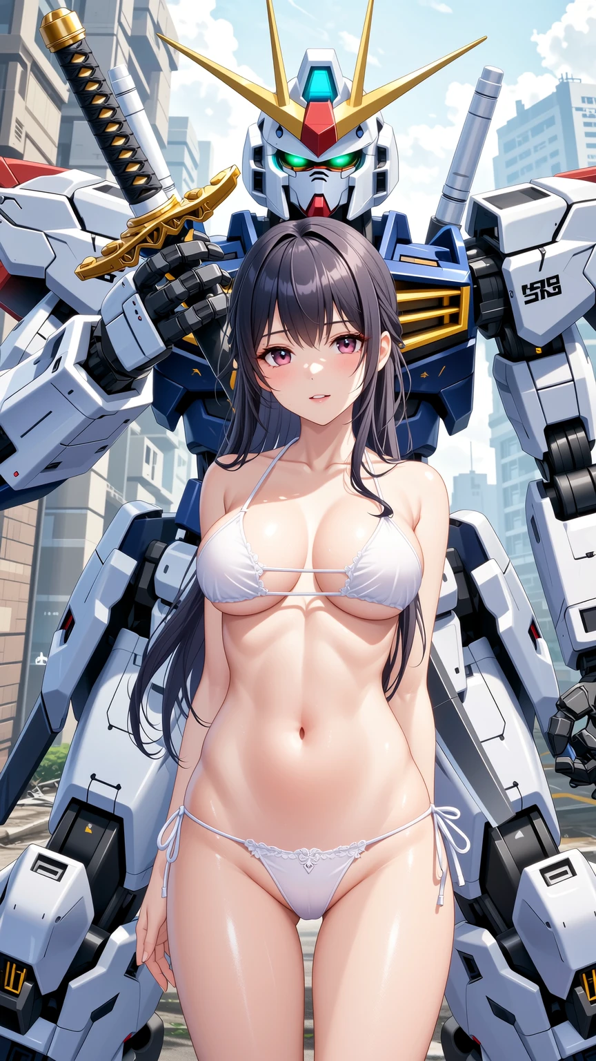 Asian Beauty Posing with Giant Mecha Warrior