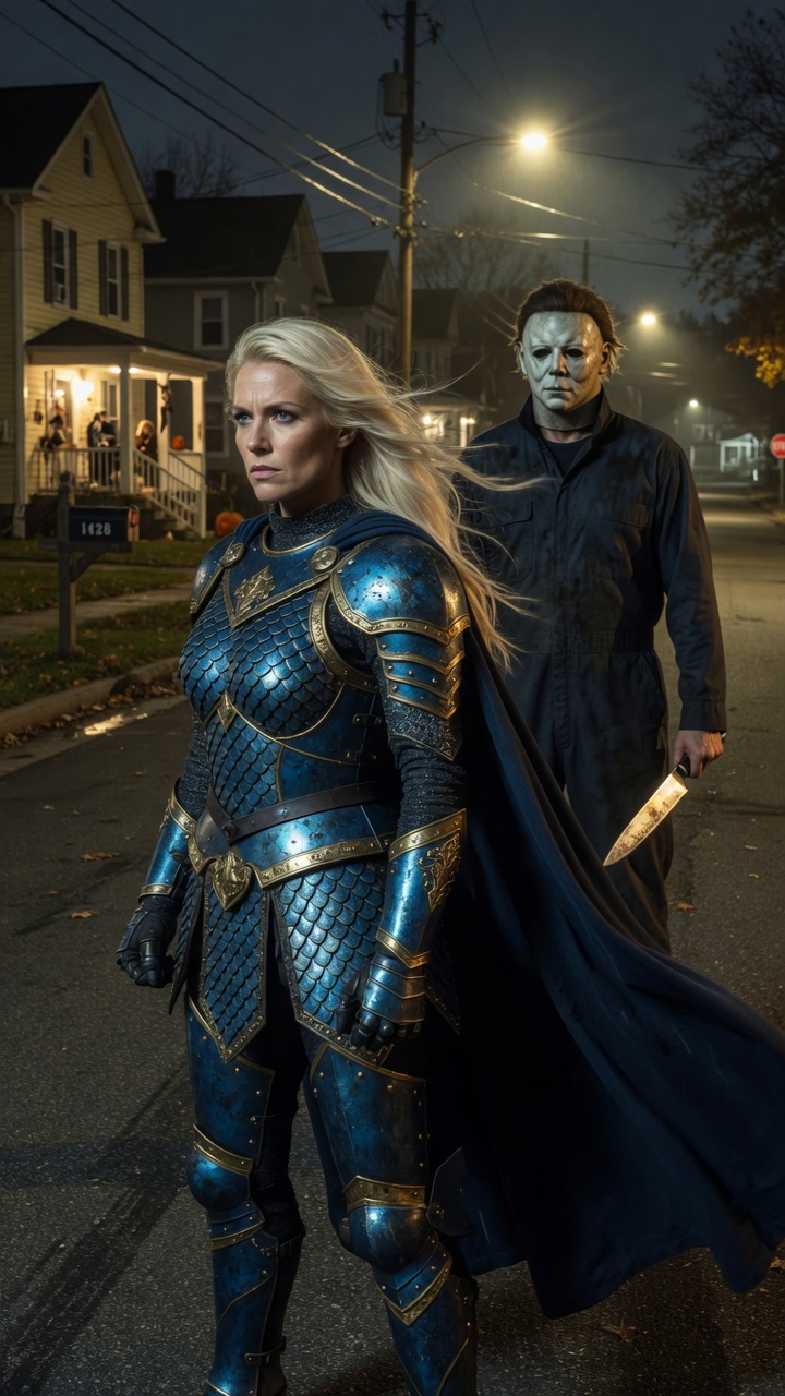 Blonde Knight Confronts Michael Myers in Suburbia